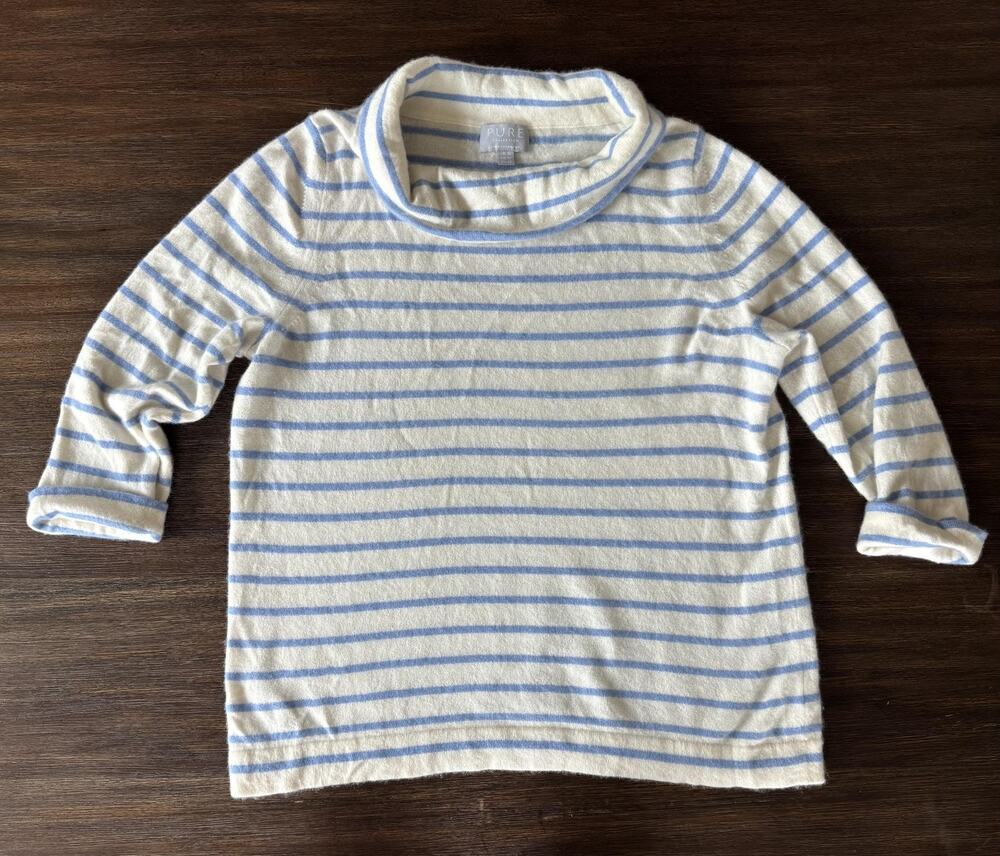 Pure Collection 100% Cashmere Sweater Womens 12 White Blue Stripe Funnel Neck